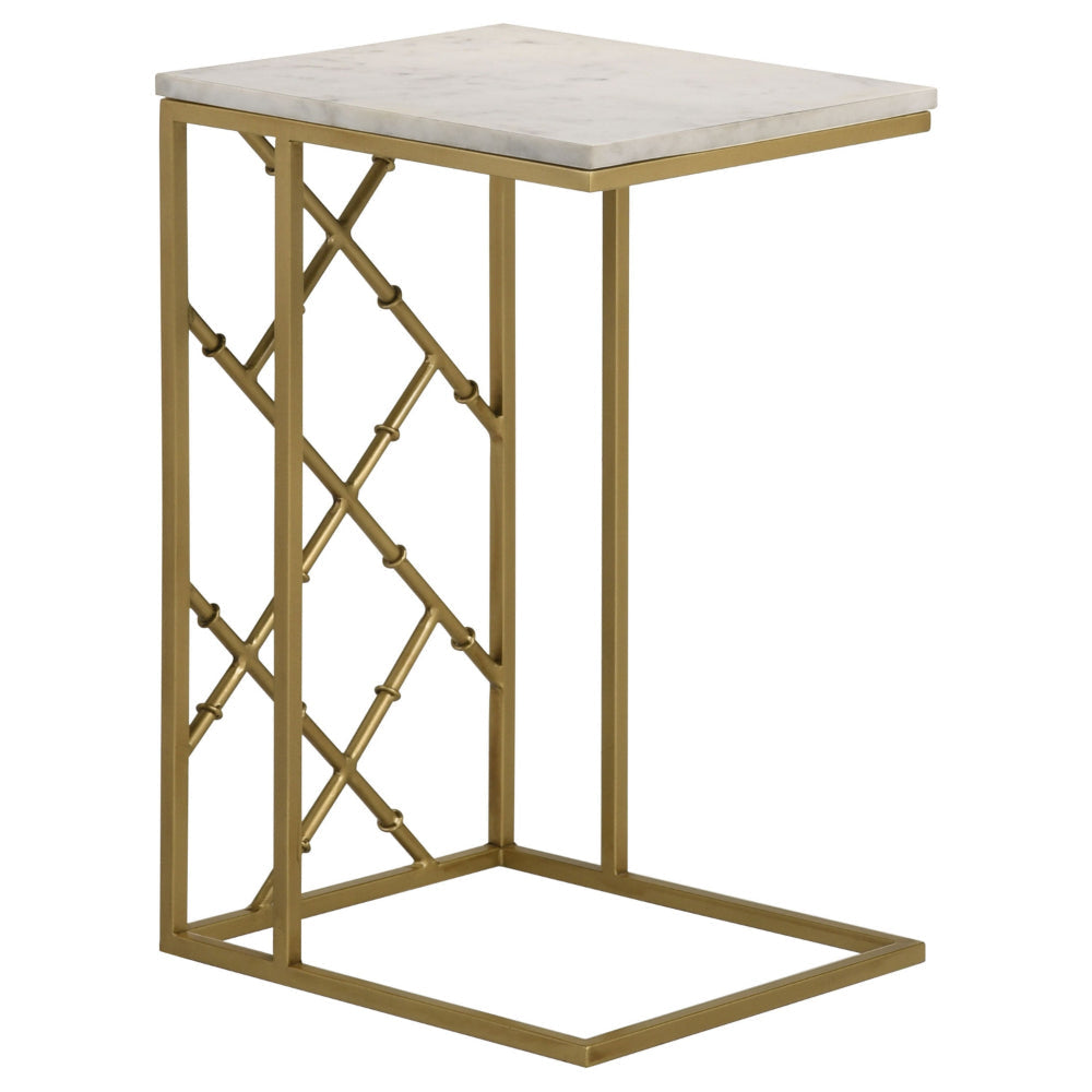 Syp 25 Inch Accent Table, White Marble Top, Gold Crossed Open Metal Frame By Casagear Home