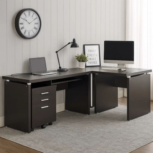 Niti 2 Piece Home Office L Desk with File Cabinet, Keyboard Tray Dark Brown By Casagear Home