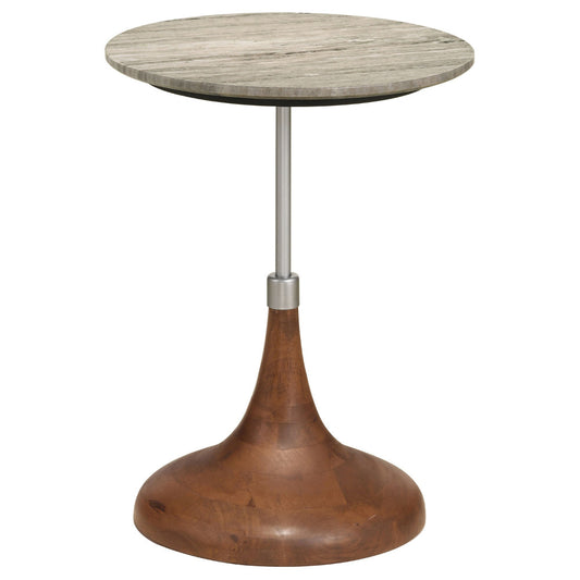 24 Inch Side Table, Round White Marble Top, Brown Mango Wood Pedestal Base By Casagear Home