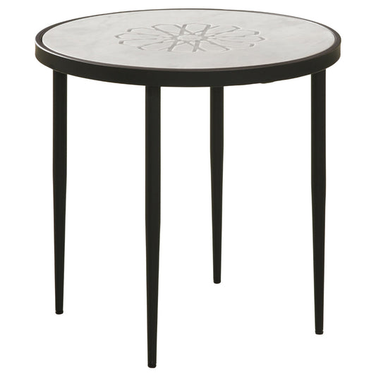 21 Inch Side End Table, Round Marble Top, Floral Motifs, Black Frame, White By Casagear Home