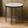 21 Inch Side End Table, Round Marble Top, Floral Motifs, Black Frame, White By Casagear Home