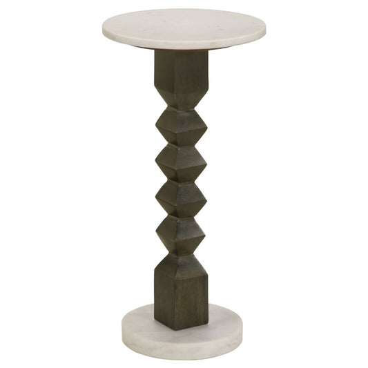 Drink Side Table, 11 Inch Round Marble, Spindle Pedestal Base, White, Gray By Casagear Home