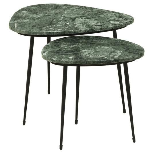 2 Piece Nesting Accent Table Set, Triangular Marble Top, Green, Black By Casagear Home