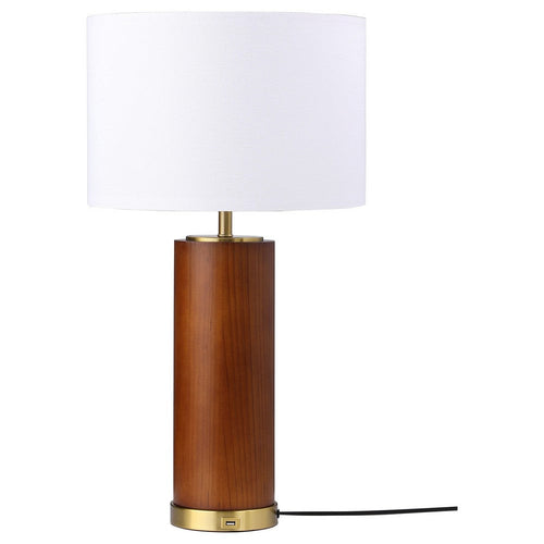 28 Inch Table Lamp, White Fabric Drum Shade, Gold Metal, Brown Bridge Base By Casagear Home