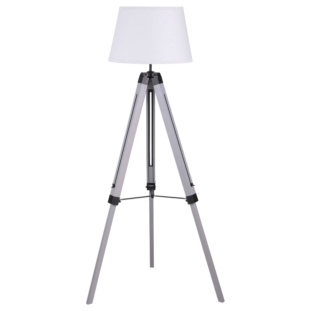 56 Inch Floor Lamp White Tapered Drum Shade Weathered Gray Tripod Base By Casagear Home BM315285