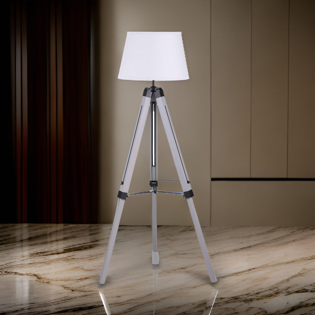 56 Inch Floor Lamp White Tapered Drum Shade Weathered Gray Tripod Base By Casagear Home BM315285