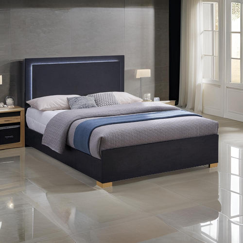 Dex Platform King Size Bed, Panel LED Headboard, Black Wood Melamine Finish By Casagear Home