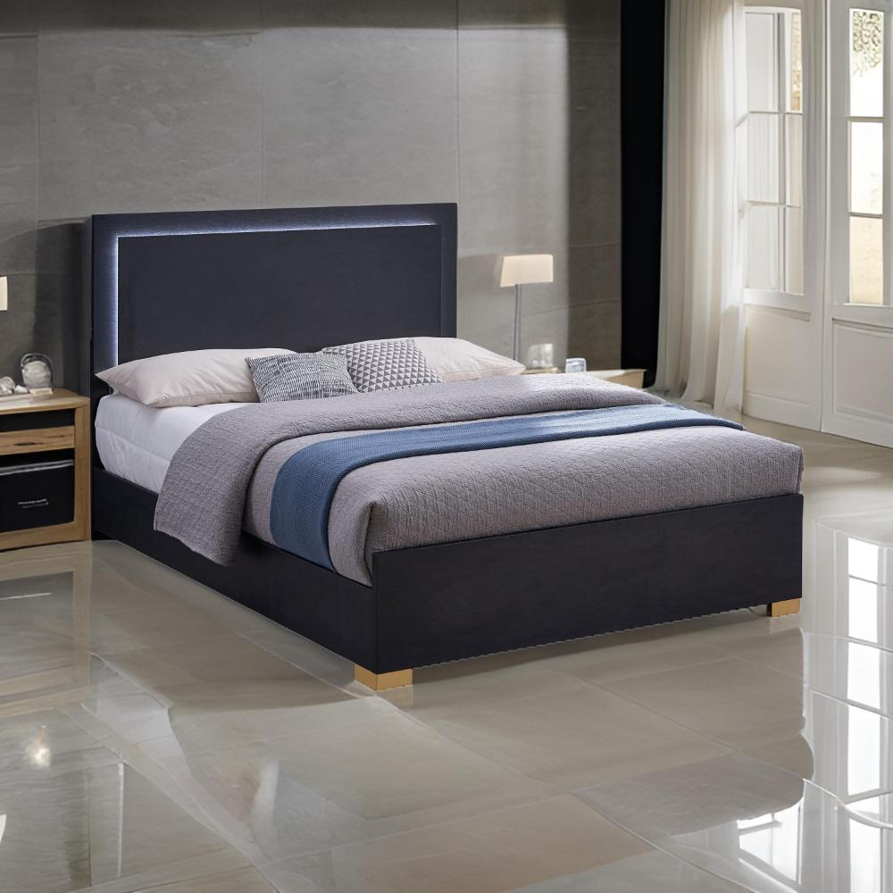 Dex Platform King Size Bed, Panel LED Headboard, Black Wood Melamine Finish By Casagear Home