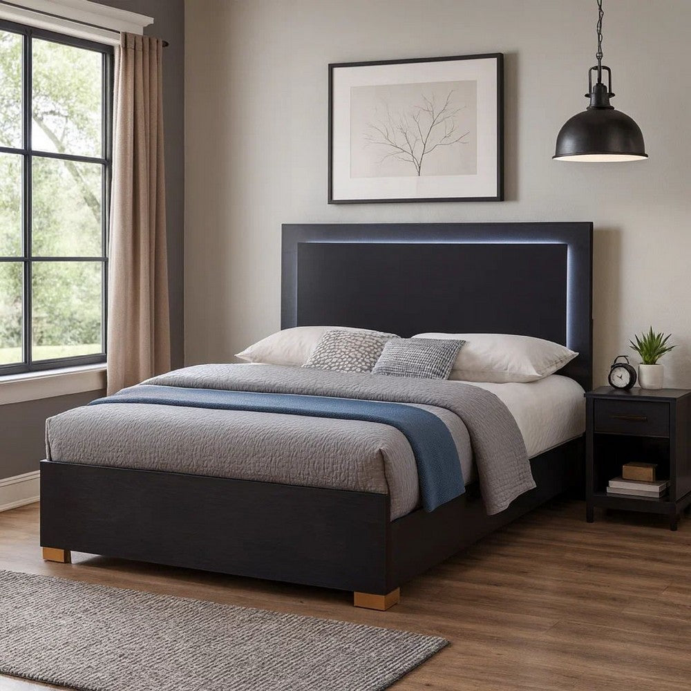 Dex Platform Queen Bed, Panel LED Headboard, Black Wood Melamine Finish By Casagear Home
