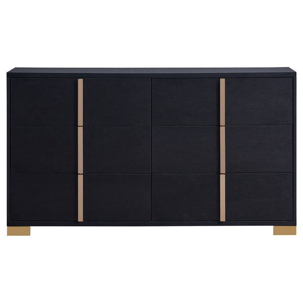 Dex 59 Inch Wide Dresser 6 Drawers with Long Vertical Gold Handles Black By Casagear Home BM315290