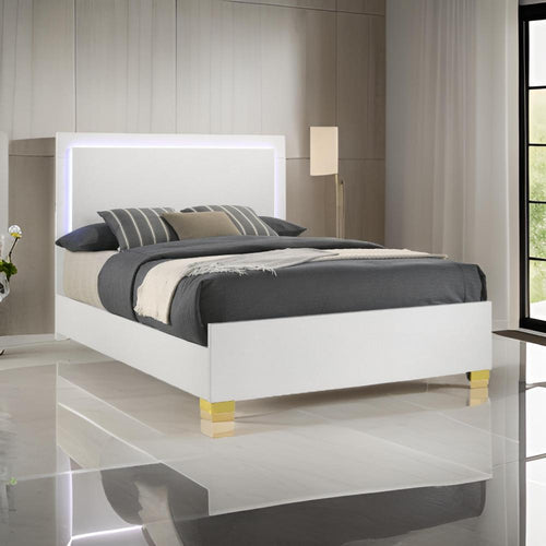 Dex Platform King Size Bed, Panel LED Headboard, White Wood Melamine Finish By Casagear Home