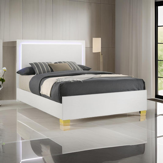 Dex Platform King Size Bed, Panel LED Headboard, White Wood Melamine Finish By Casagear Home