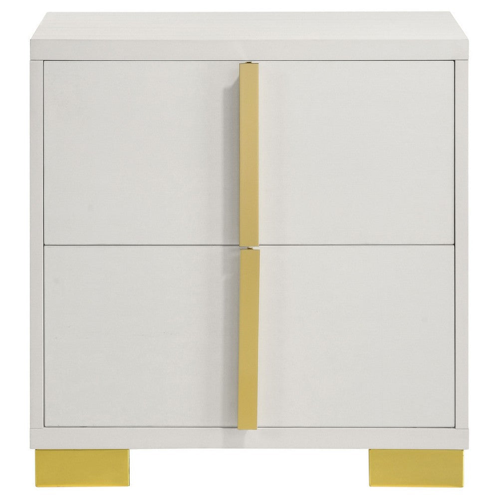 Dex 22 Inch Nightstand 2 Drawers with Long Vertical Gold Handles White By Casagear Home BM315294