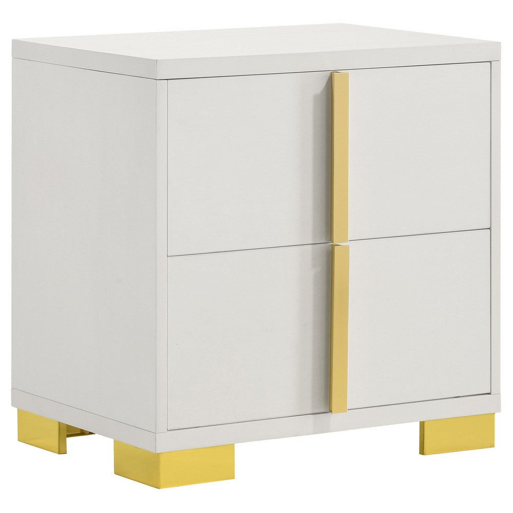 Dex 22 Inch Nightstand 2 Drawers with Long Vertical Gold Handles White By Casagear Home BM315294