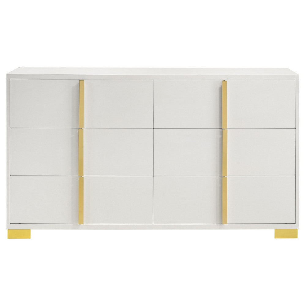 Dex 59 Inch Wide Dresser 6 Drawers with Long Vertical Gold Handles White By Casagear Home BM315295