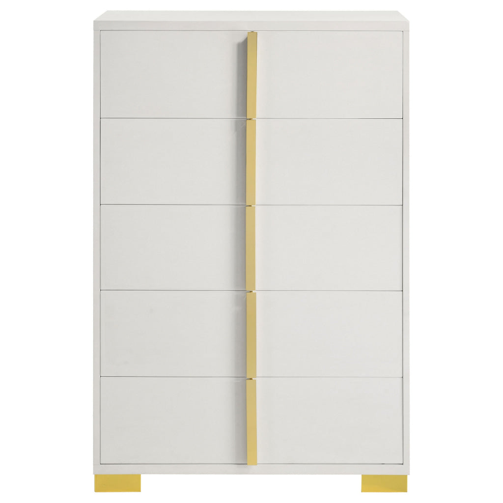 Dex 50 Inch Tall Dresser Chest 5 Drawers with Vertical Gold Handles White By Casagear Home BM315296