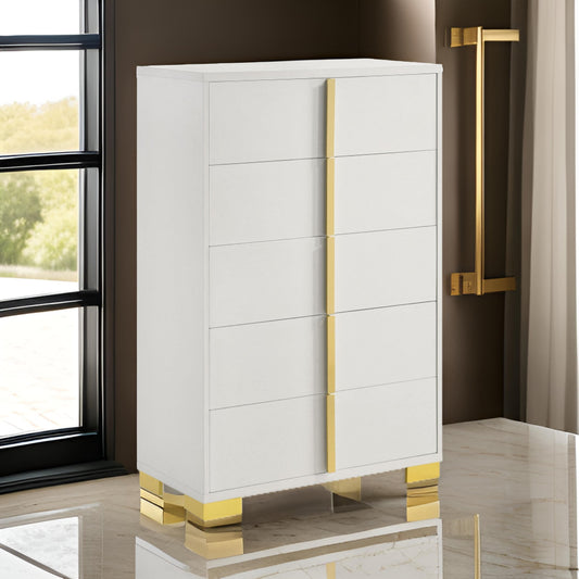 Dex 50 Inch Tall Dresser Chest, 5 Drawers with Vertical Gold Handles, White By Casagear Home