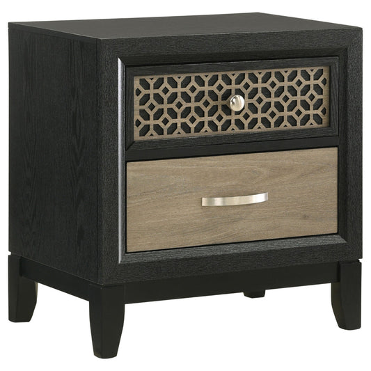Aki 25 Inch Nightstand, 2 Drawers, Geometric Cut Out Front, Black, Brown By Casagear Home