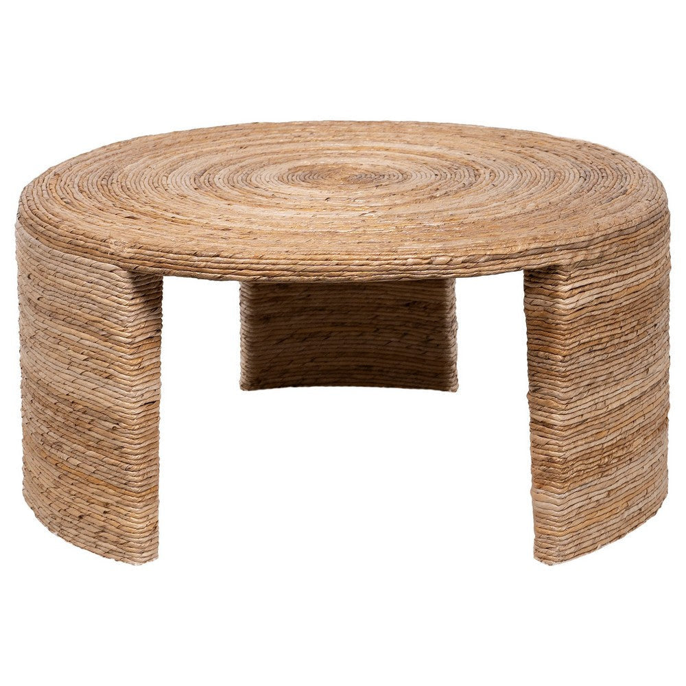 Asha 36 Inch Coffee Table Round Shaped Top with Natural Rattan Wrapping By Casagear Home BM315303