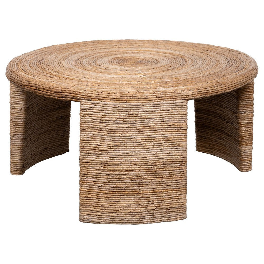 Asha 36 Inch Coffee Table Round Shaped Top with Natural Rattan Wrapping By Casagear Home BM315303