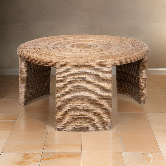 Asha 36 Inch Coffee Table, Round Shaped Top with Natural Rattan Wrapping By Casagear Home