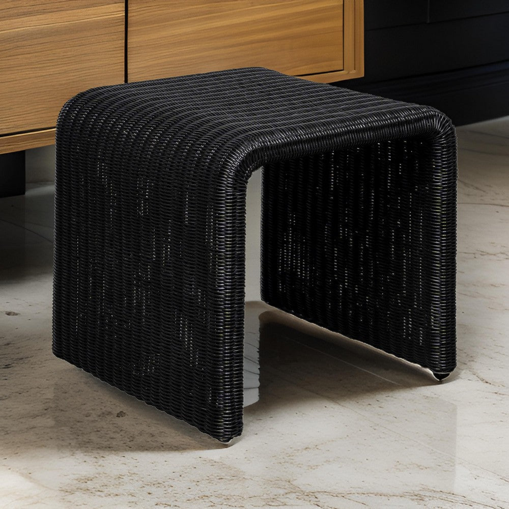 Gigi 22 Inch Side End Table, Black Woven Rattan, Square Waterfall Edges By Casagear Home