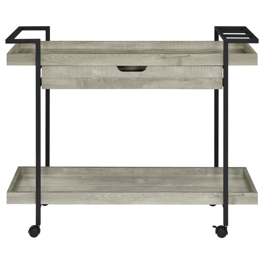 Tra 40 Inch Rolling Bar Cart 2 Tier with Drawer Gray Wood Black Metal By Casagear Home BM315313