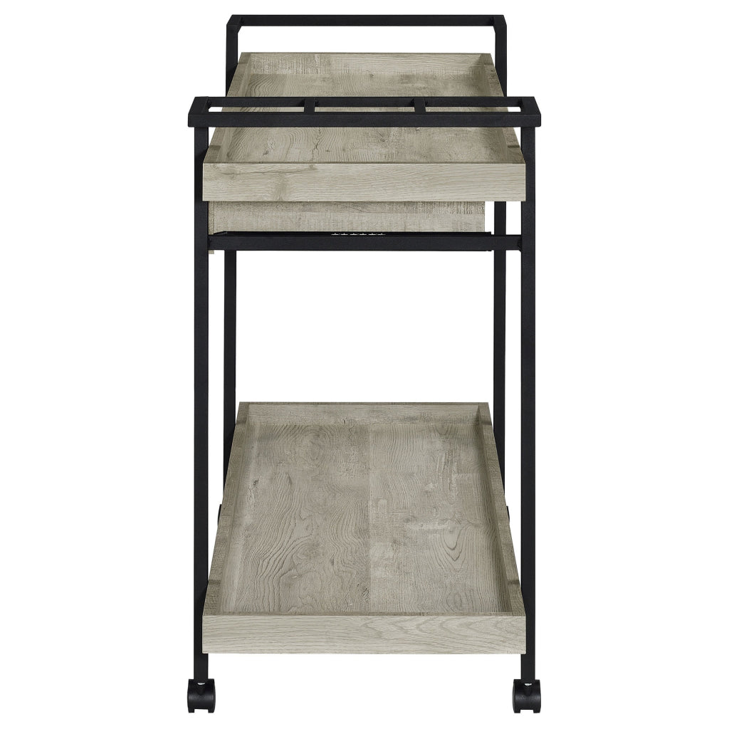 Tra 40 Inch Rolling Bar Cart 2 Tier with Drawer Gray Wood Black Metal By Casagear Home BM315313