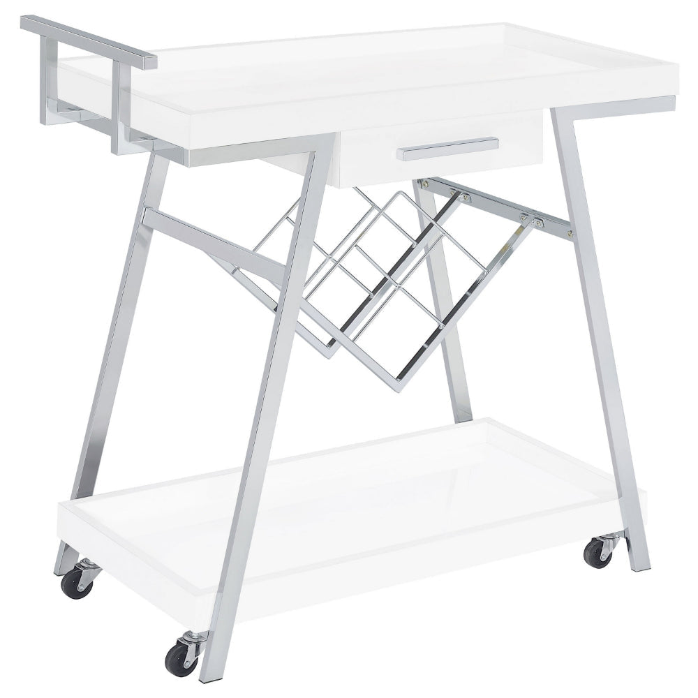 Kne 35 Inch Rolling Bar Cart, 2 Tier with Drawer, Stand, White Wood, Chrome By Casagear Home