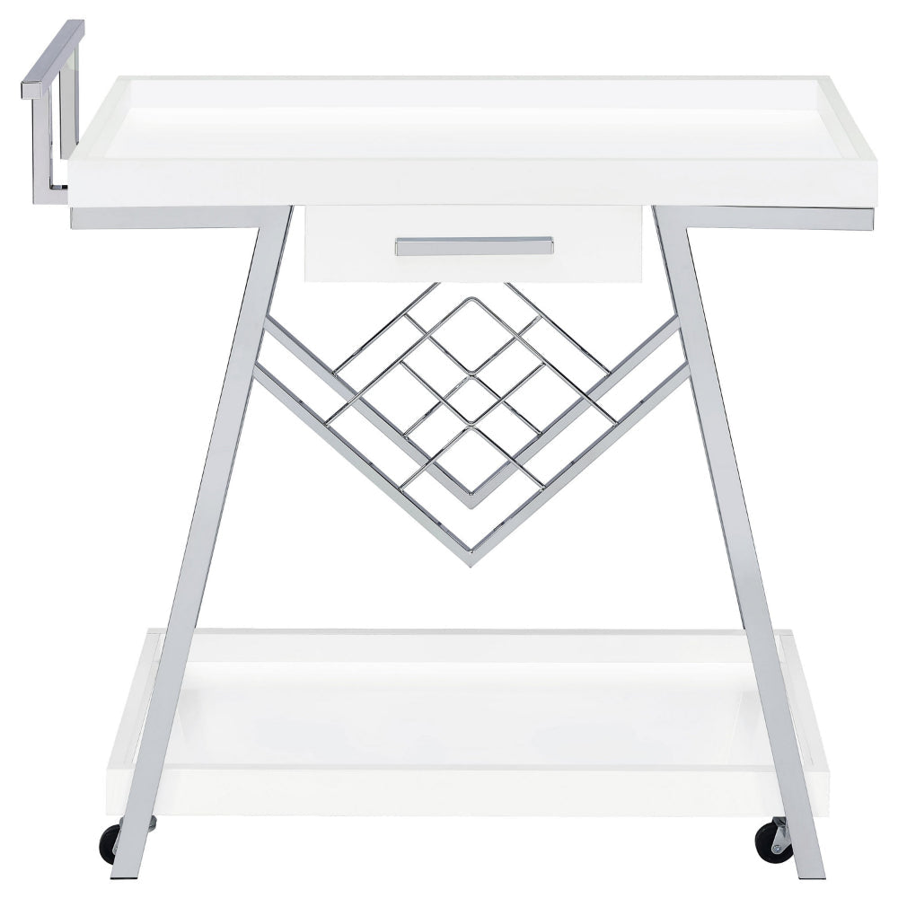 Kne 35 Inch Rolling Bar Cart 2 Tier with Drawer Stand White Wood Chrome By Casagear Home BM315314