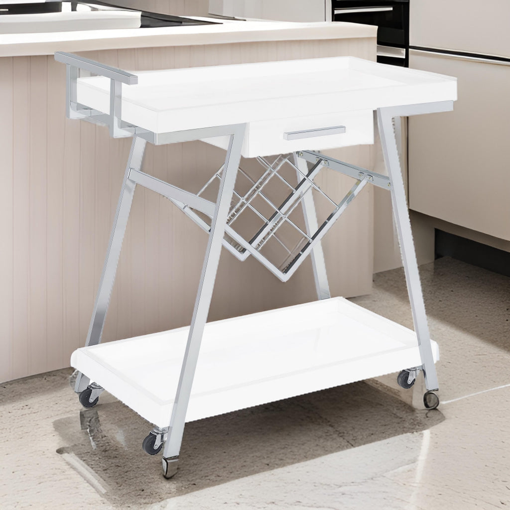 Kne 35 Inch Rolling Bar Cart, 2 Tier with Drawer, Stand, White Wood, Chrome By Casagear Home