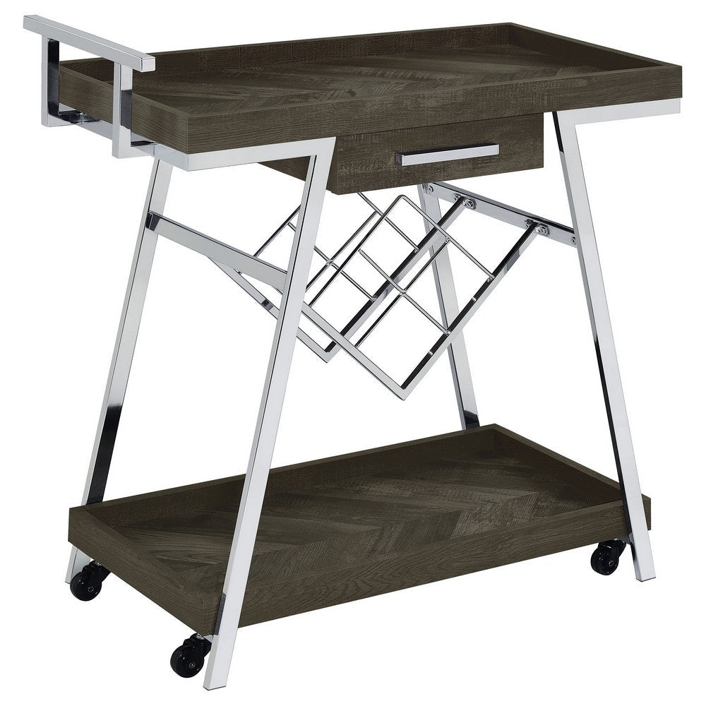 Kne 35 Inch Rolling Bar Cart, 2 Tier with Drawer, Stand, Black Wood, Chrome By Casagear Home