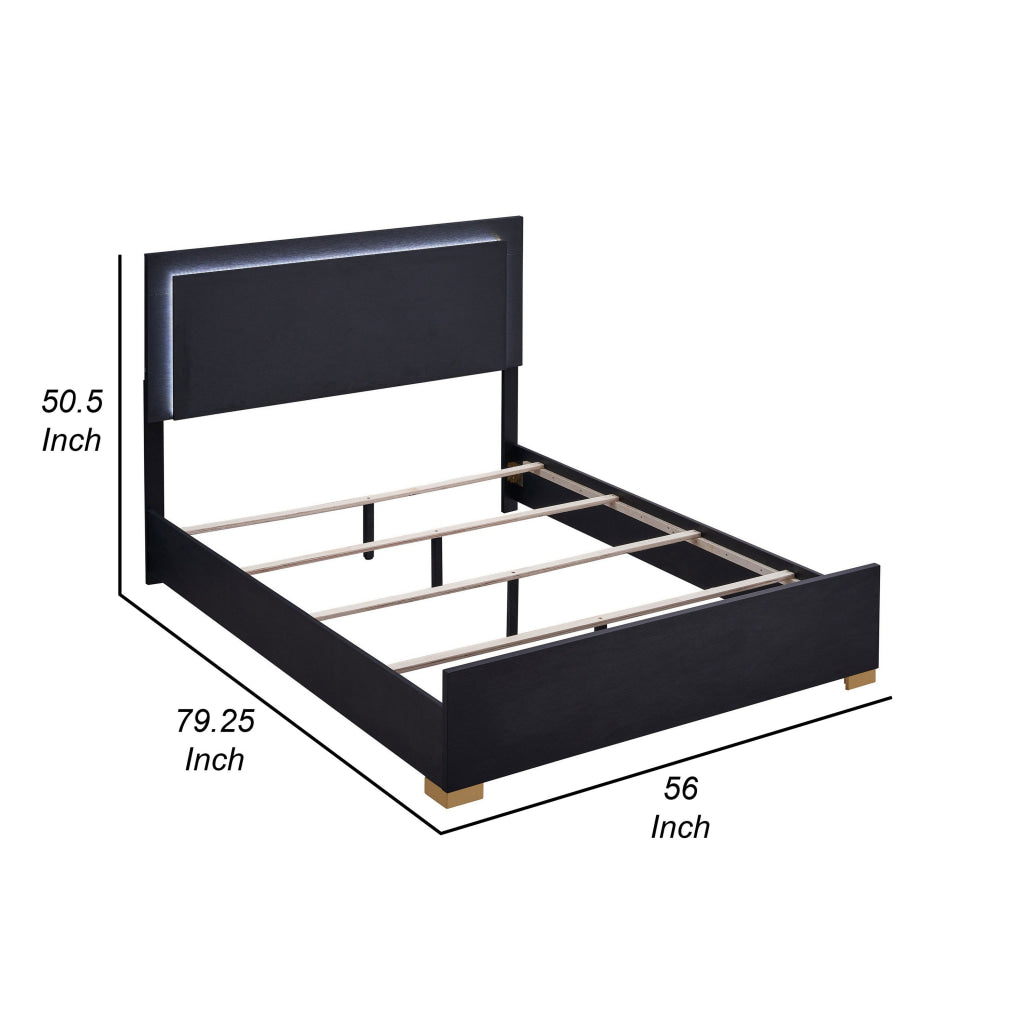 Dex Full Size Bed with LED Framed Headboard Black Wood Finish Gold Legs By Casagear Home BM315321