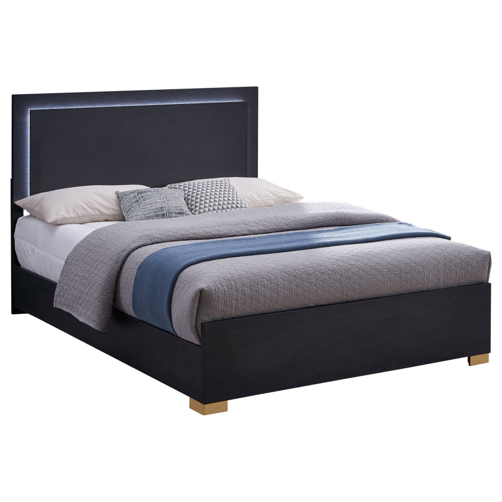 Dex Full Size Bed with LED Framed Headboard Black Wood Finish Gold Legs By Casagear Home BM315321