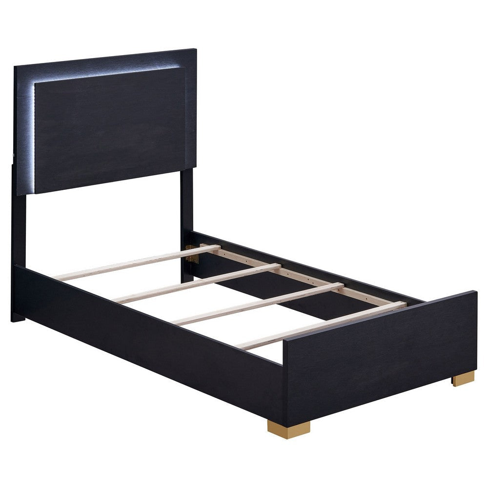 Dex Twin Size Bed with LED Framed Headboard Black Wood Finish Gold Legs By Casagear Home BM315322