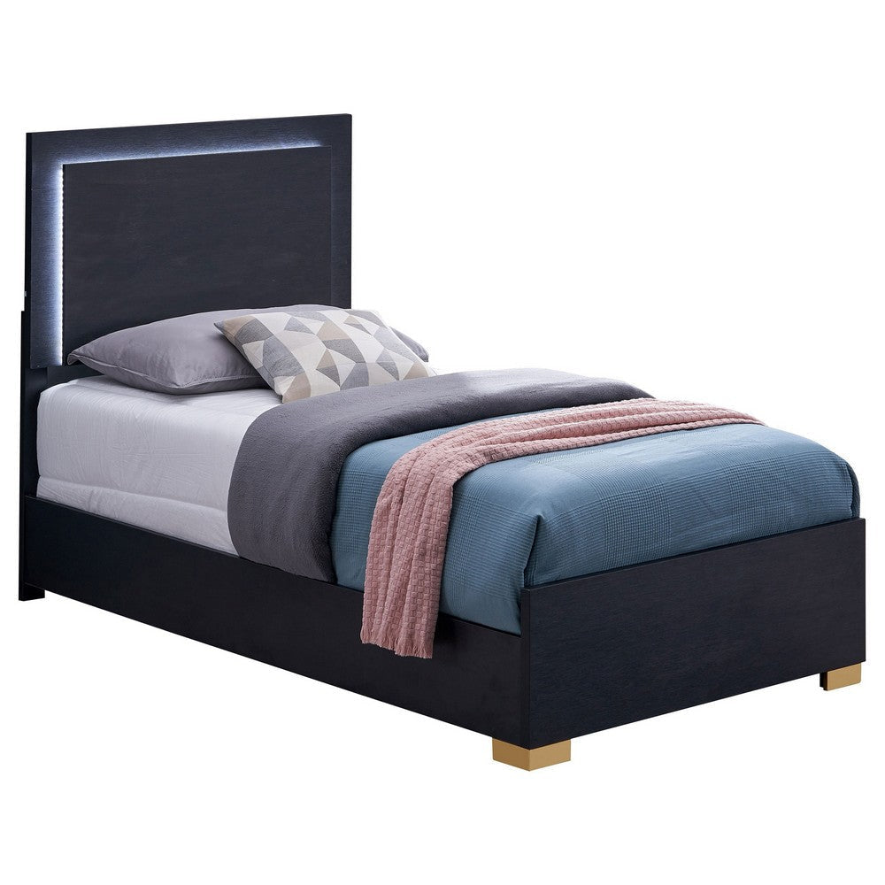 Dex Twin Size Bed with LED Framed Headboard, Black Wood Finish, Gold Legs By Casagear Home