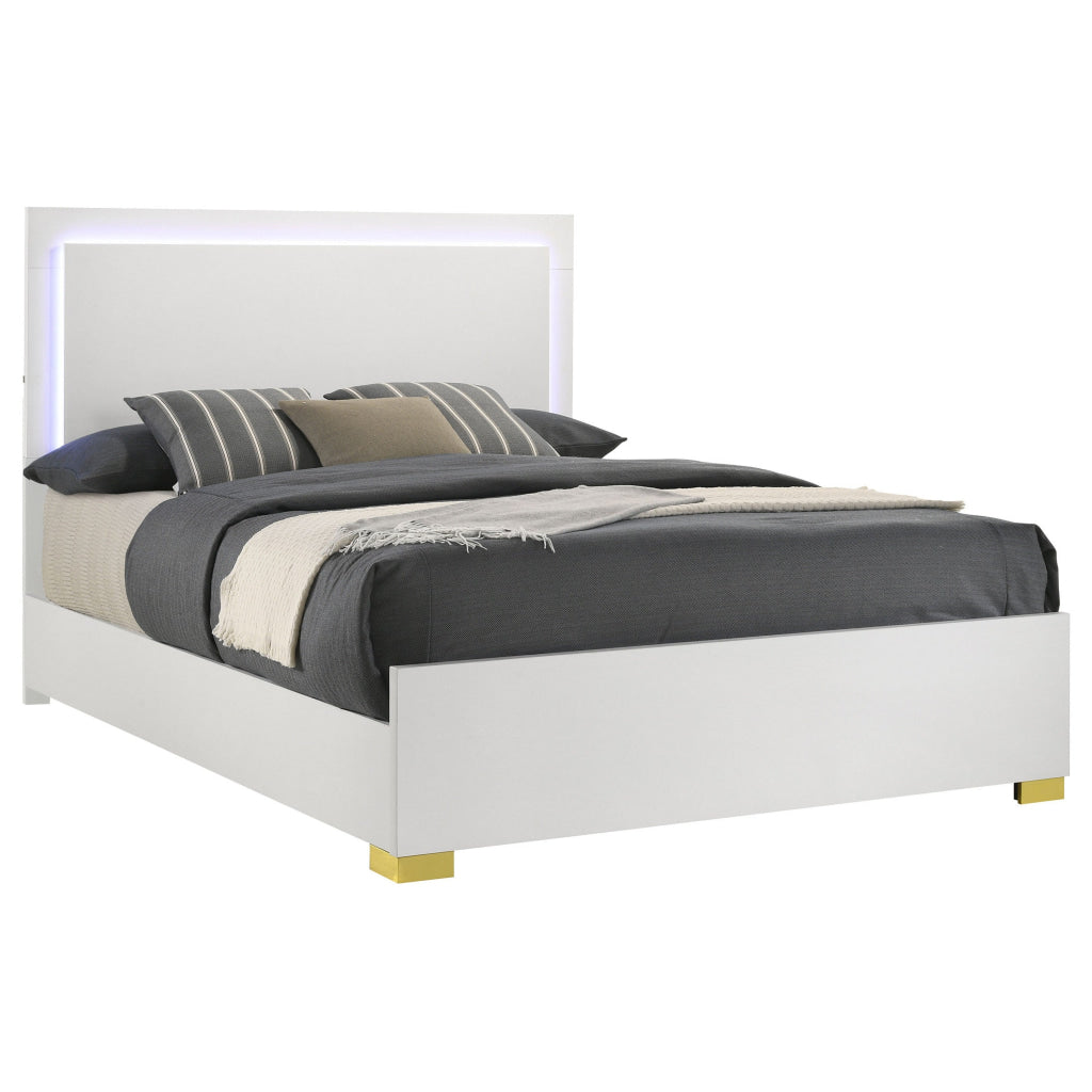 Dex Full Size Bed with LED Framed Headboard White Wood Finish Gold Legs By Casagear Home BM315323