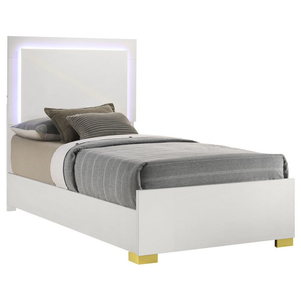 Dex Twin Size Bed with LED Framed Headboard, White Wood Finish, Gold Legs By Casagear Home