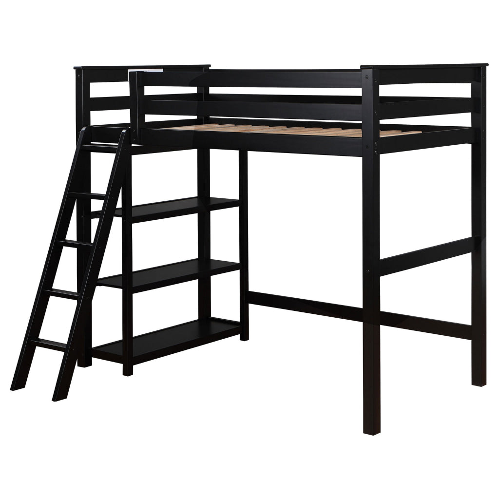 Ica Modern Twin Loft Bed with 3 Shelves and Ladder Black Solid Wood By Casagear Home BM315325