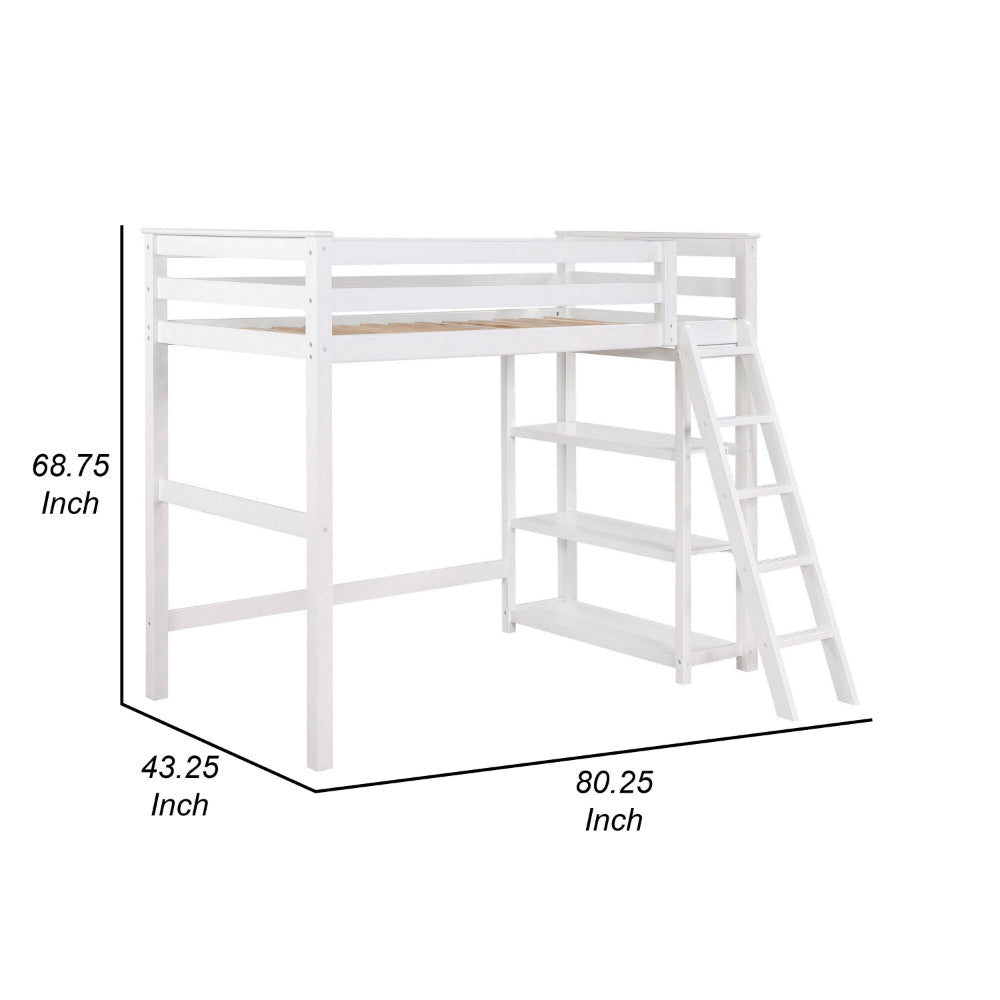 Ica Modern Twin Loft Bed with 3 Shelves and Ladder White Solid Wood By Casagear Home BM315326