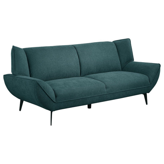 Toer 84 Inch Wide Sofa, Flared Arms, Soft Teal Blue Upholstery, Black Metal By Casagear Home