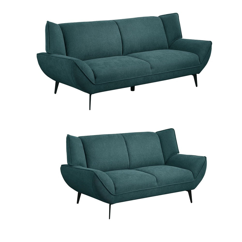 Toer 2 Piece Sofa, Loveseat Set, Flared Arms, Teal Blue Fabric, Black Legs By Casagear Home