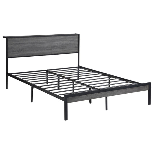 Rick Full Size Platform Bed, 1 Shelf, Retro Style, Black Metal Frame, Gray By Casagear Home