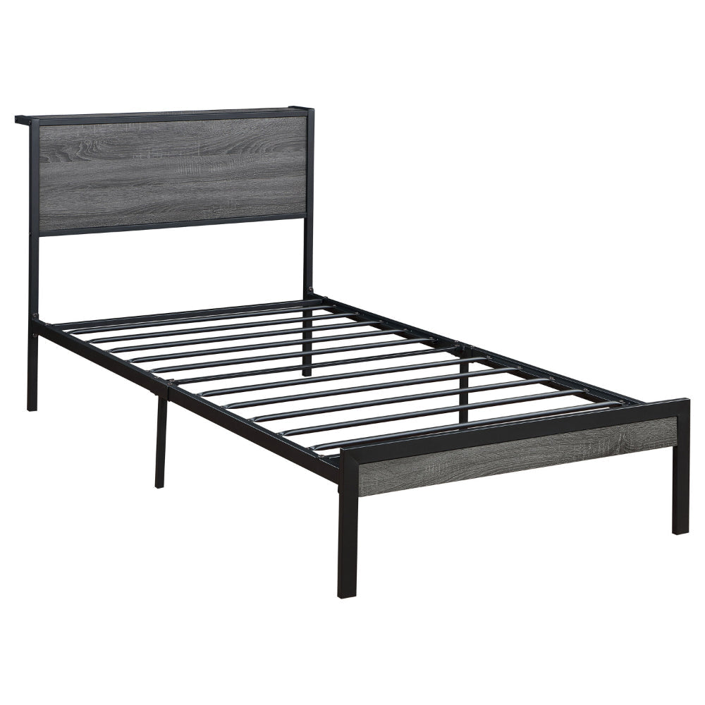 Rick Twin Size Platform Bed, 1 Shelf, Retro Style, Black Metal Frame, Gray By Casagear Home