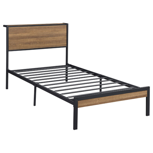 Rick Twin Size Platform Bed, 1 Shelf, Retro Style, Brown Metal Frame, Brown By Casagear Home