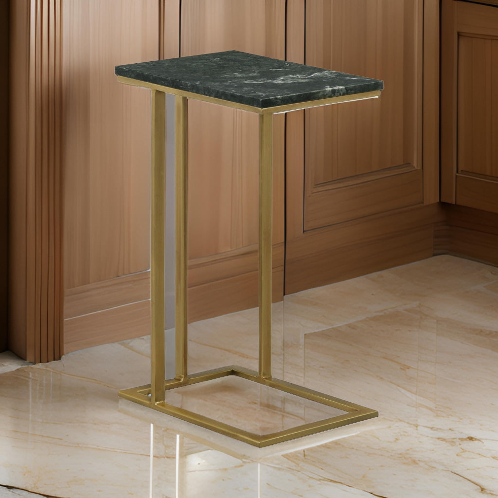 Enu 25 Inch Accent C Table Marble Top Gold Metal Cantilever Base Gray By Casagear Home BM315340