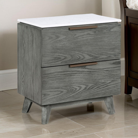 Tira 29 Inch Nightstand, Dual USB Port, 2 Drawers, White Marble Top, Gray By Casagear Home