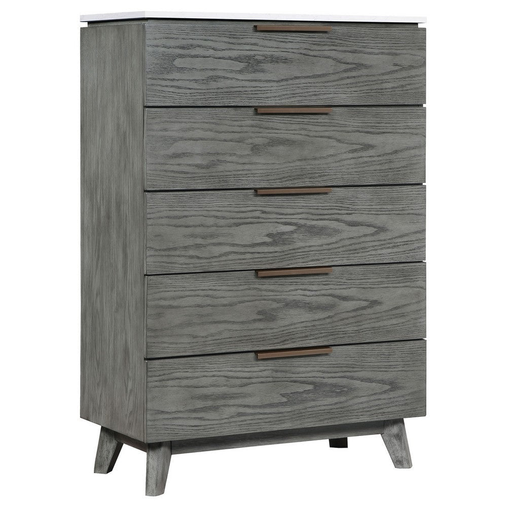 Tira 51 Inch Tall Dresser Chest, 5 Drawers, White Marble Top, Gray Finish By Casagear Home