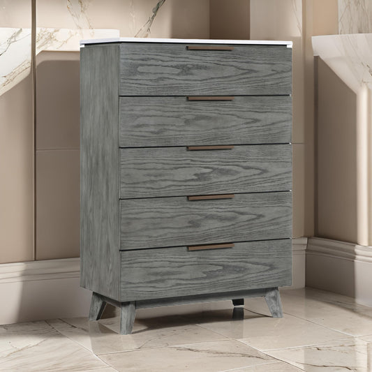 Tira 51 Inch Tall Dresser Chest, 5 Drawers, White Marble Top, Gray Finish By Casagear Home