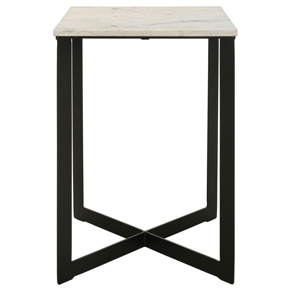 Sovi 24 Inch Side End Table Square Marble Top Black Metal Frame White By Casagear Home BM315344